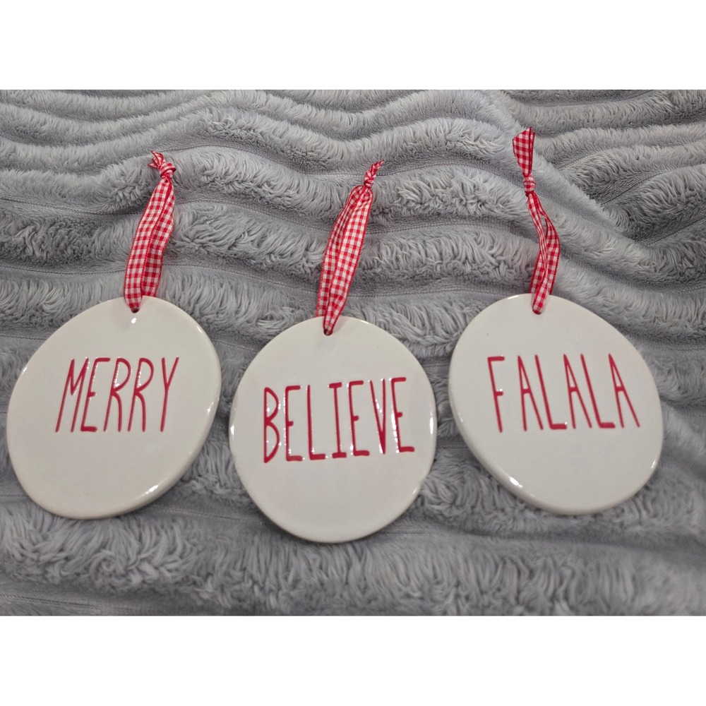 Rae Dunn Ceramic Christmas Ornaments Set of 3 Merry Believe Falala Gingham
